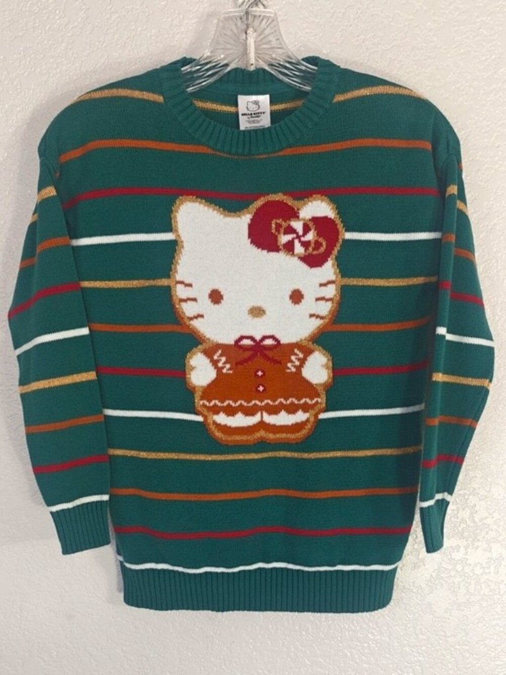 Hello Kitty Sz M Gingerbread Sweater Green Stripes Christmas Holiday
